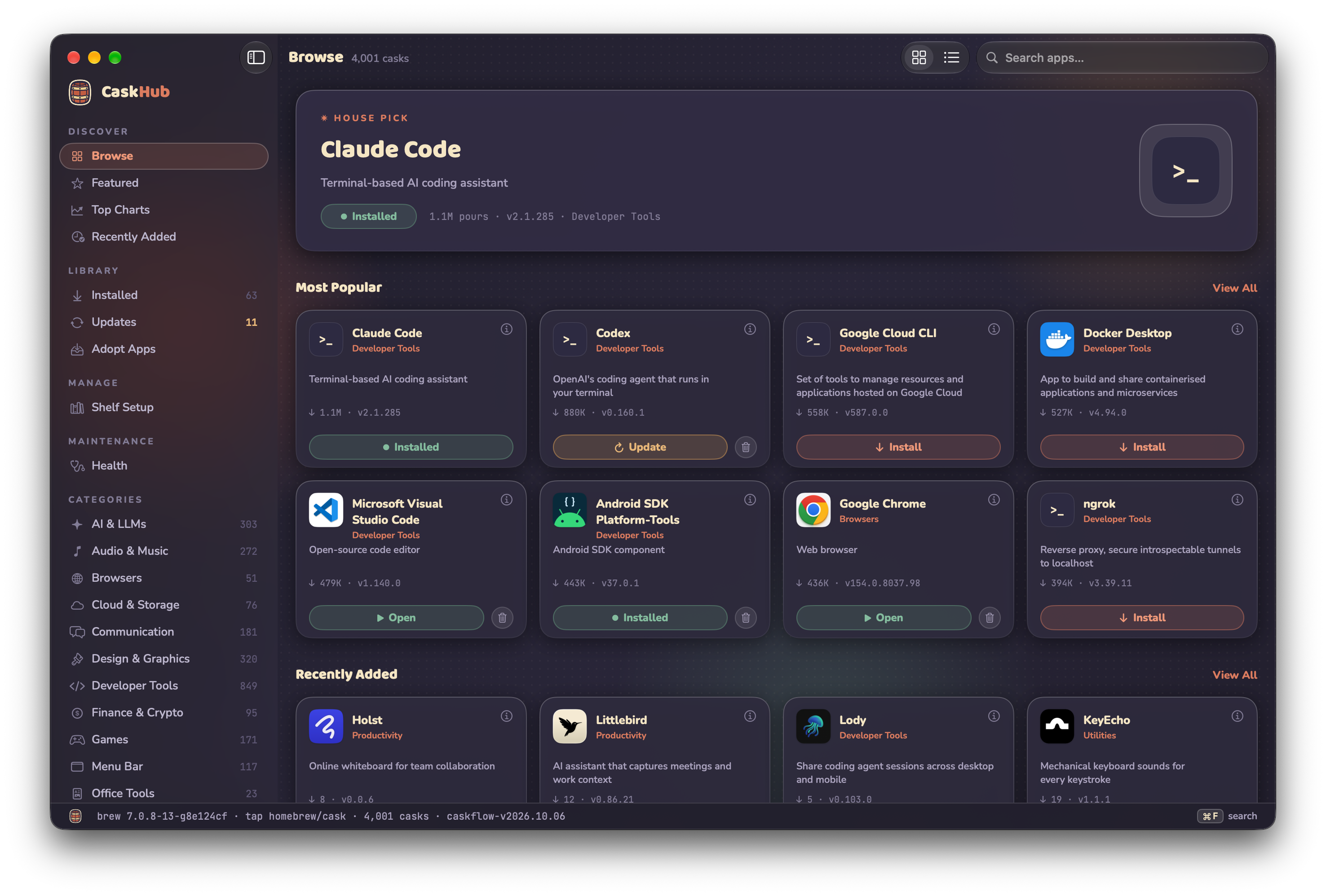 CaskHub Classic design in dark mode