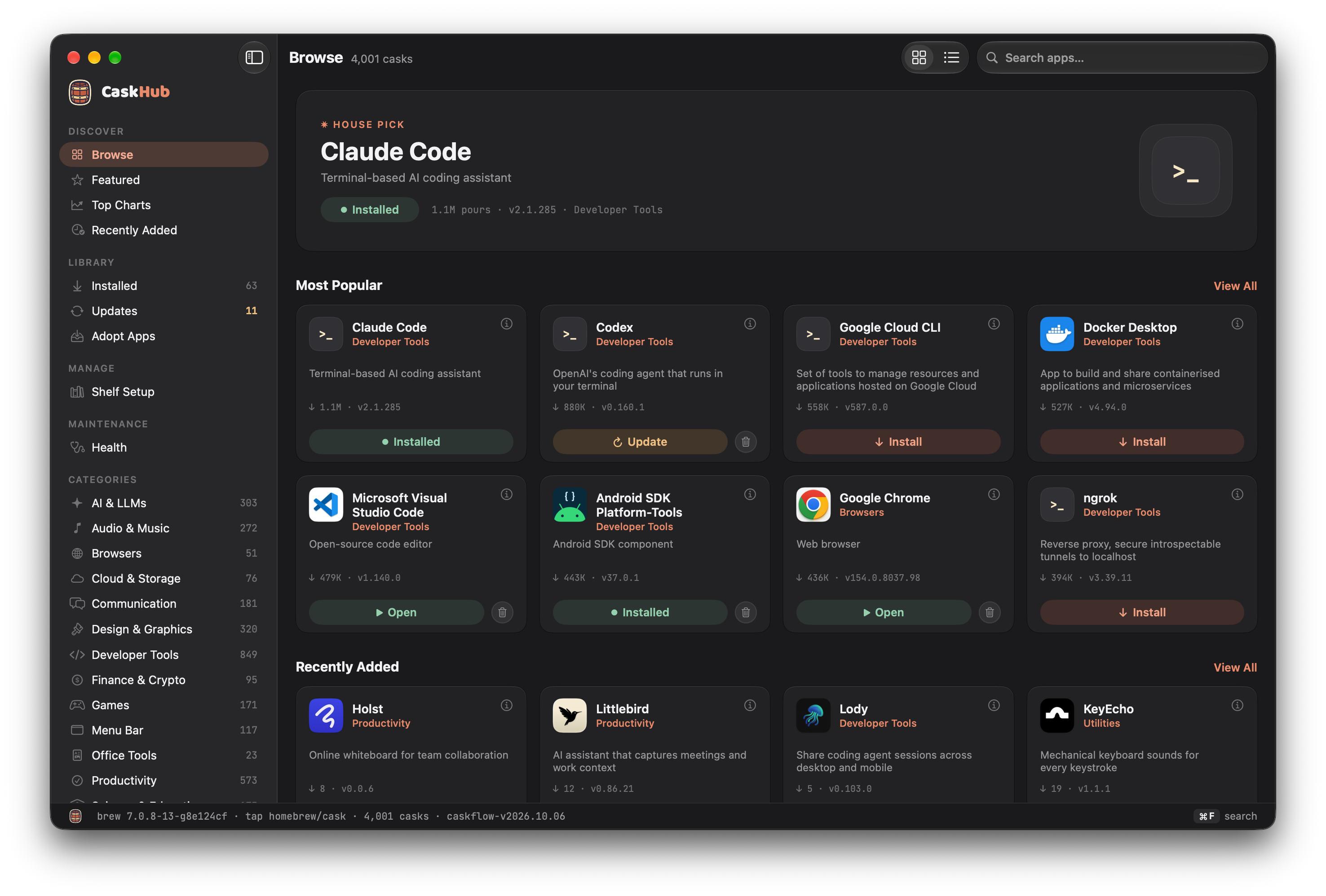 CaskHub Standard design in dark mode
