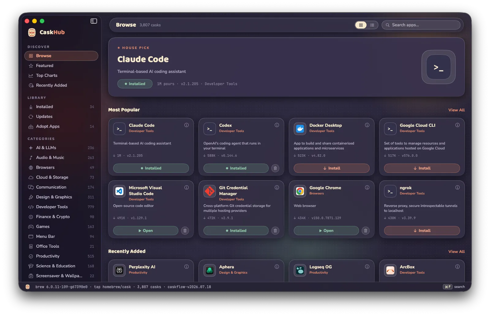 CaskHub in dark mode